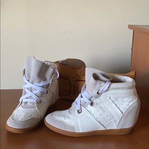 Isabel Marant White and Tan Wedge Sneakers